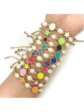 Gold Beaded Neon Green Enamel Happy Face Bracelet with Fresh water Pearls